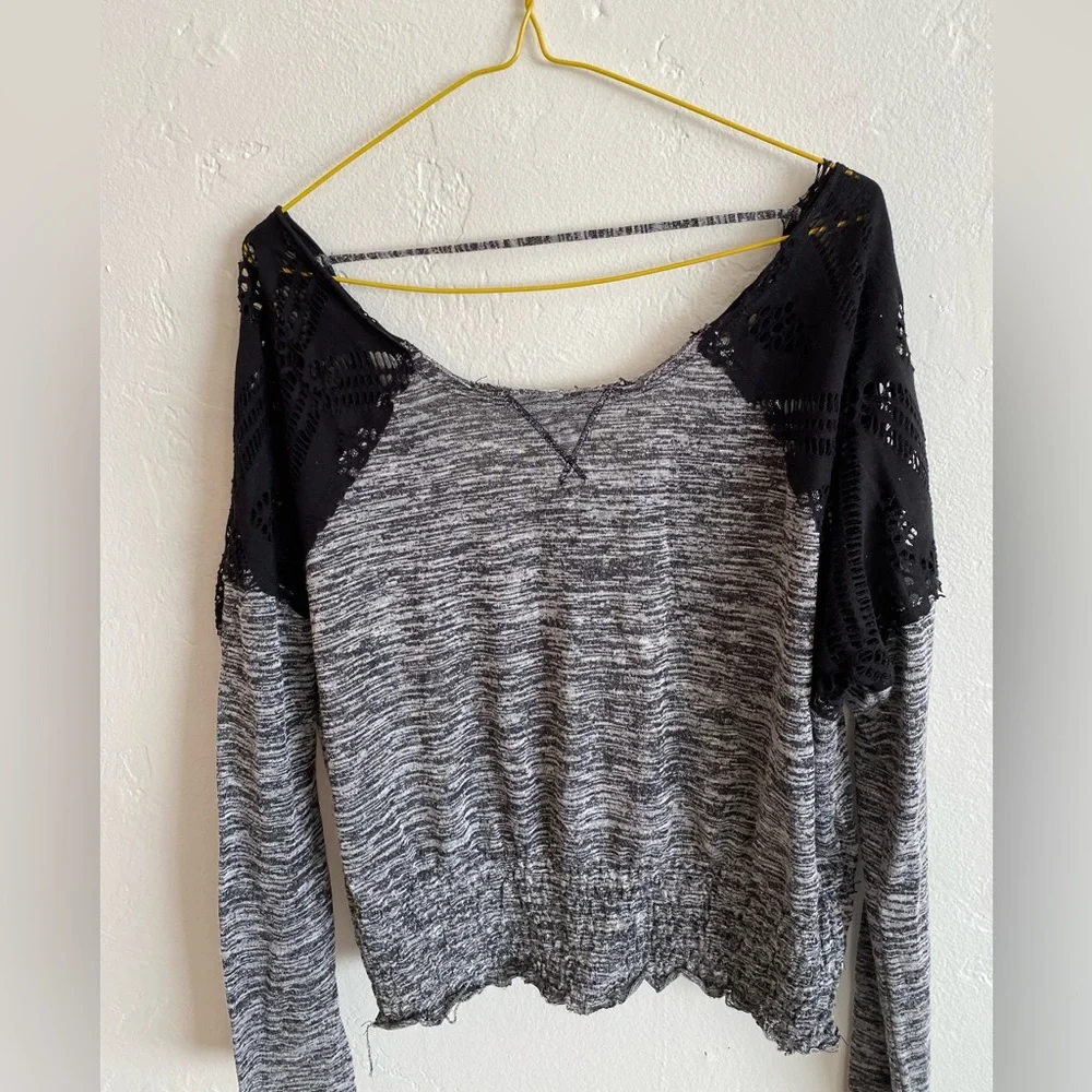 Free People Sheer Lace Longsleeve Heather Grey Off Shoulder Top Imperfections XS